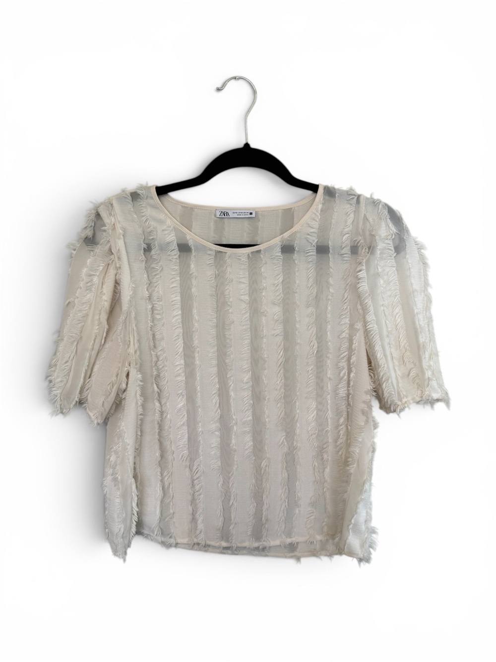 Zara Ivory Fringe-Trim Striped Short Sleeve Top